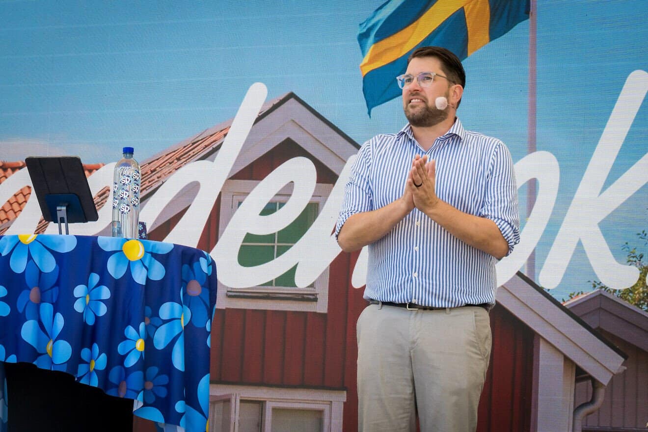 Jimmie Åkesson speaks at a rally of his Sweden Democrats party in Stockholm, Sweden on May 3, 2025. Photo Credit: Courtesy of the Sweden Democrats.