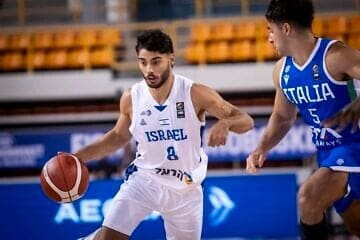 Point guard Yoav Vitlem plays against Italy during the FIBA U20 EuroBasket quarterfinal at the Nea Alikarnassos Arena, Heraklion, Greece, on July 17, 2025. Source: FIBA.
