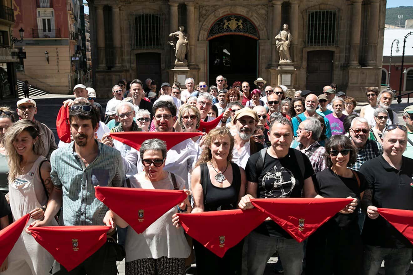 Lidon Soriano, center, and other anti-Israel activists prepare for the opening of the San Fermin Festical in Pamplona Spain on July 6, 2025. Photo credit: Yala Nafarroa con Palestina.