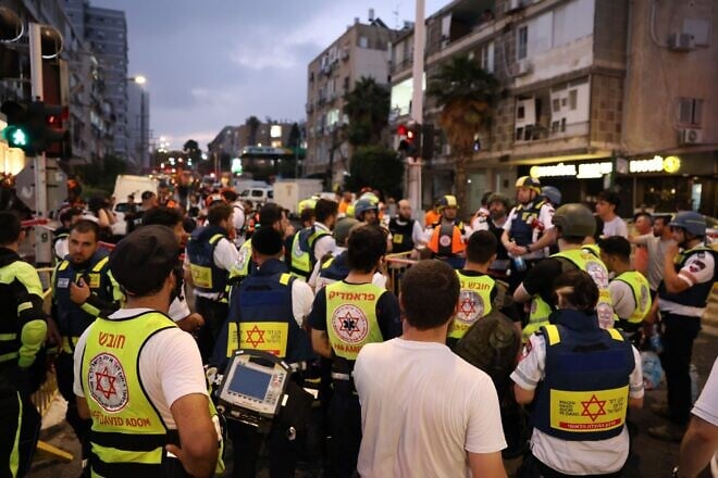 MDA volunteers on the scene after a devastating Iranian missile strike in Bat Yam in which nine people were killed and some 250 people wounded, June 15, 2025. Credit: Courtesy.
