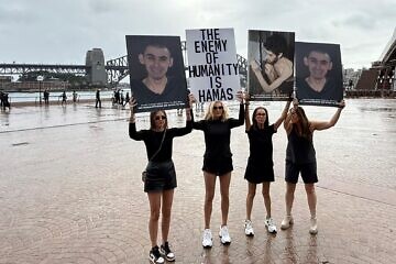 (From left): Talia Shine, Erin Molan, Marnie Perlstein and Amber Rubenstein hold a counter-protest in Sydney to raise awareness about the hostages being held in Gaza, August 3, 2025. Credit: Erin Molan. 