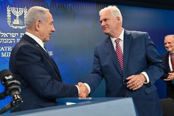 Israeli Prime Minister Benjamin Netanyahu shakes hands with Rep. Tom Emmer (R-Minn.), the House majority whip, during a meeting with an AIPAC-organized delegation of Republican members of Congress, Aug. 5, 2025. Credit: Kobi Gideon/GPO.