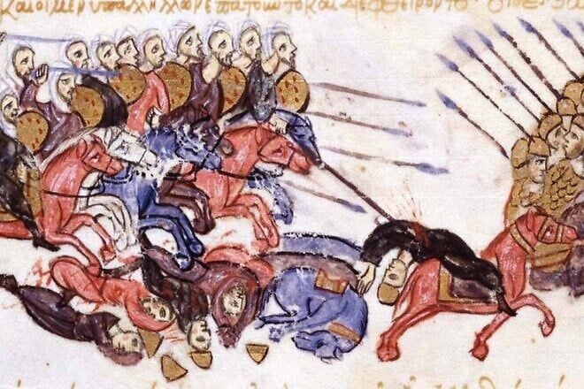 The Arabs drive the Byzantines to flight at Azazion,13th-century artist. Credit: Public Domain via Wikimedia Commons.