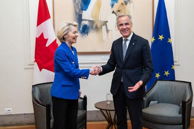 Canadian Prime Minister Mark Carney with Ursula von der Leyen, president of the European Commission, in Rome, on May 17, 2025. Credit:  European Communities Audiovisual Services via Wikimedia Commons.