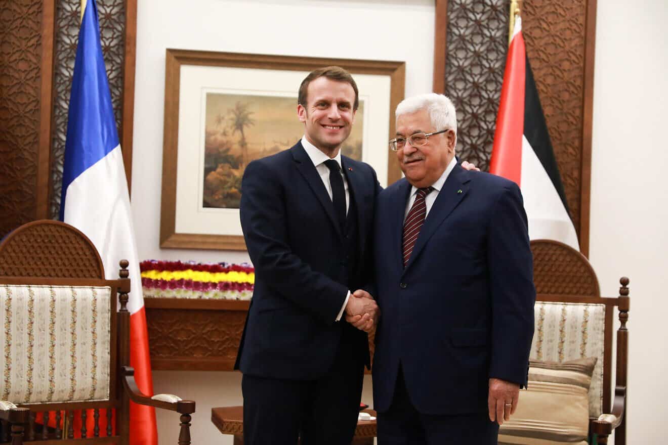 French President Emmanuel Macron meets with Palestinian leader Mahmoud Abbas in Ramallah on Jan. 22, 2020. Photo by STR via Flash90.