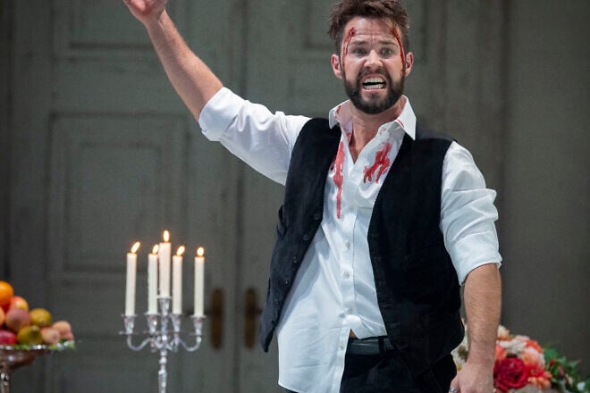 Adam Smith as Mario Cavaradossi performs onstage during a production of Tosca by Giacmo Puccini at London Coliseum on Sept. 28, 2022 in London, England. Photo by John Snelling/Getty Images.