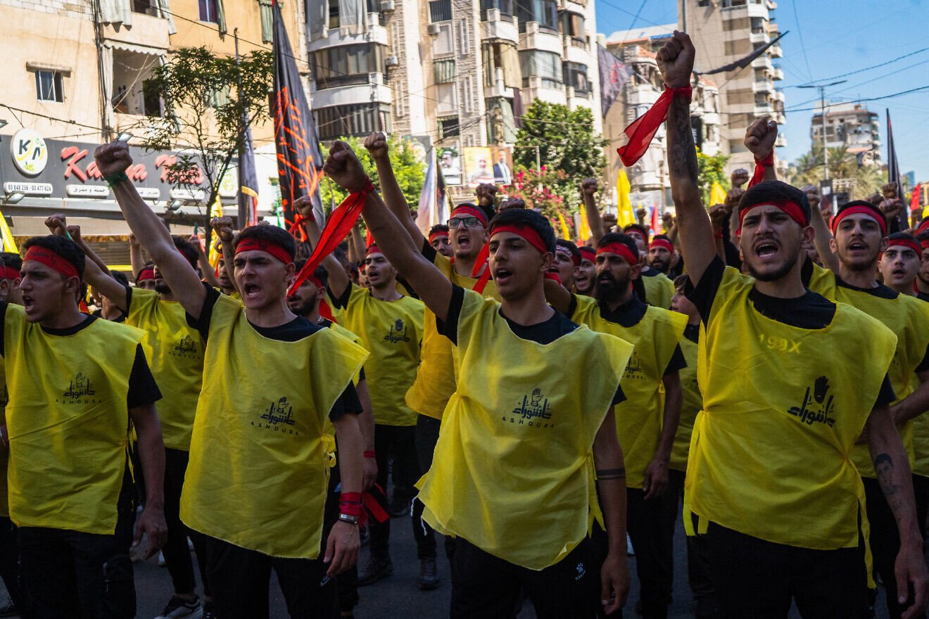 Hezbollah terrorist supporters gather in the southern suburbs of Beirut, July 6, 2025. Photo by Nael Chanine/Middle East Images/AFP via Getty Images.