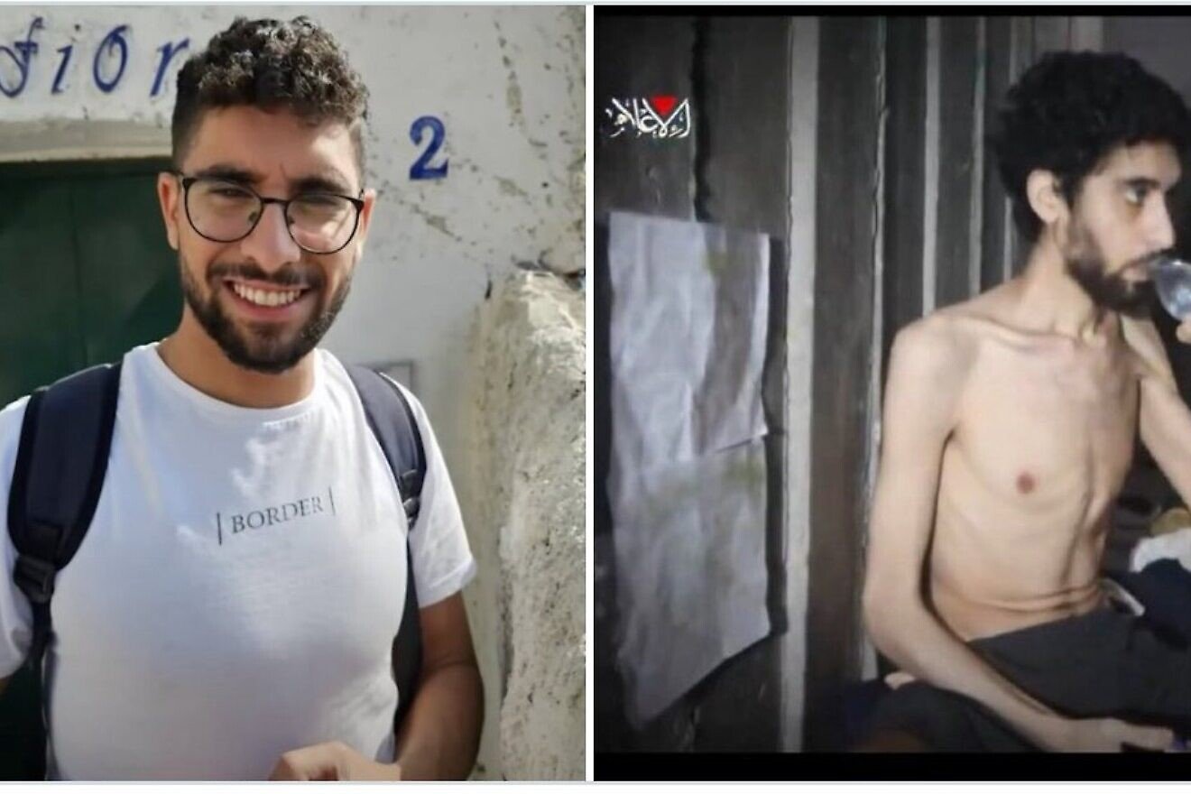 Israeli hostage Evyatar David, left, pictured before his capture by Hamas terrorists on Oct. 7, 2023, and during his captivity in Gaza in a still image taken from a video released on Aug. 1, 2025. Source: @RitchieTorres/X.