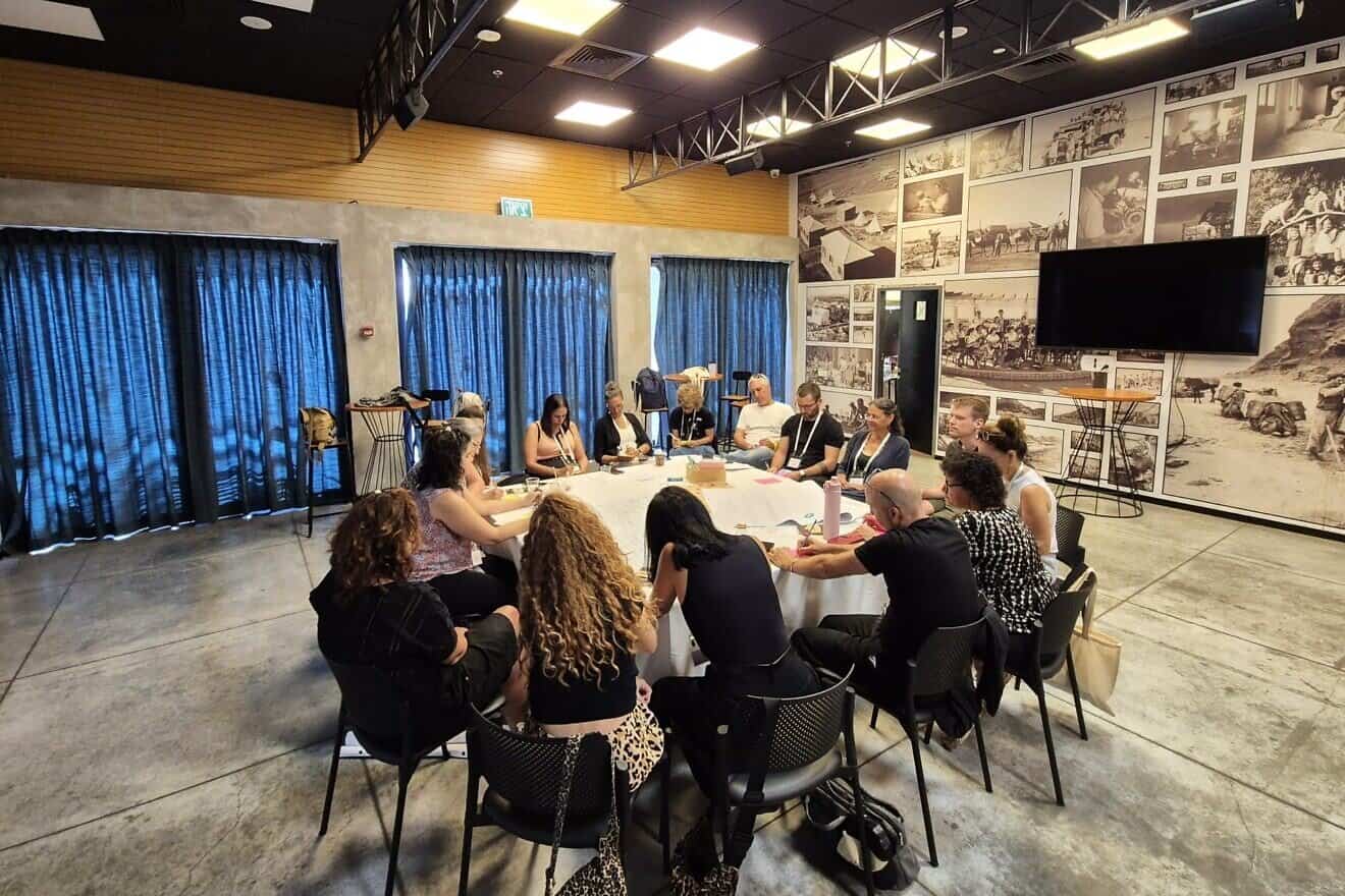 Dozens of kibbutz leaders gather to shape the post-war future of kibbutzim around the country, specifically in affected areas north and south, at the Shefayim Hotel, north of Tel Aviv, on July 30-31, 2025. Credit: Kibbutz Movement Rehabilitation Fund.