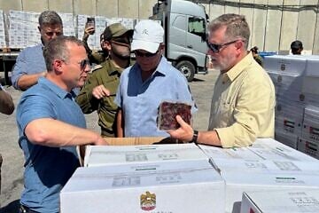 Reps. Josh Gottheimer (D-N.J.), Rick Crawford (R-Ark.) and Ronny Jackson (R-Texas) visit the Kerem Shalom humanitarian aid staging site on the border with Gaza, 6 August, 2025. Photo: Courtesy.