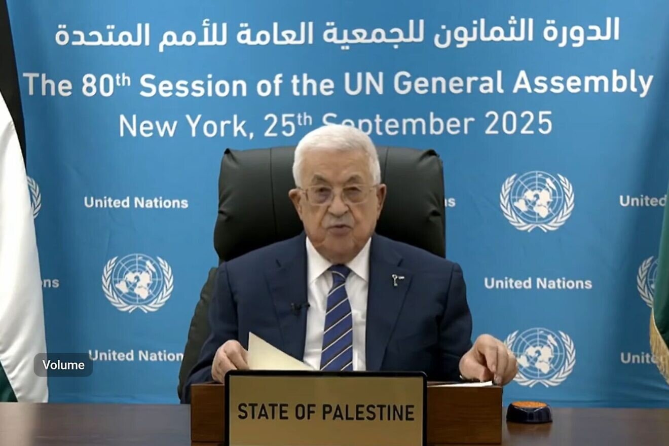 Mahmoud Abbas, head of the Palestinian Authority, addresses the U.N. General Assembly by video on Sept. 25, 2025. Source: United Nations/YouTube.