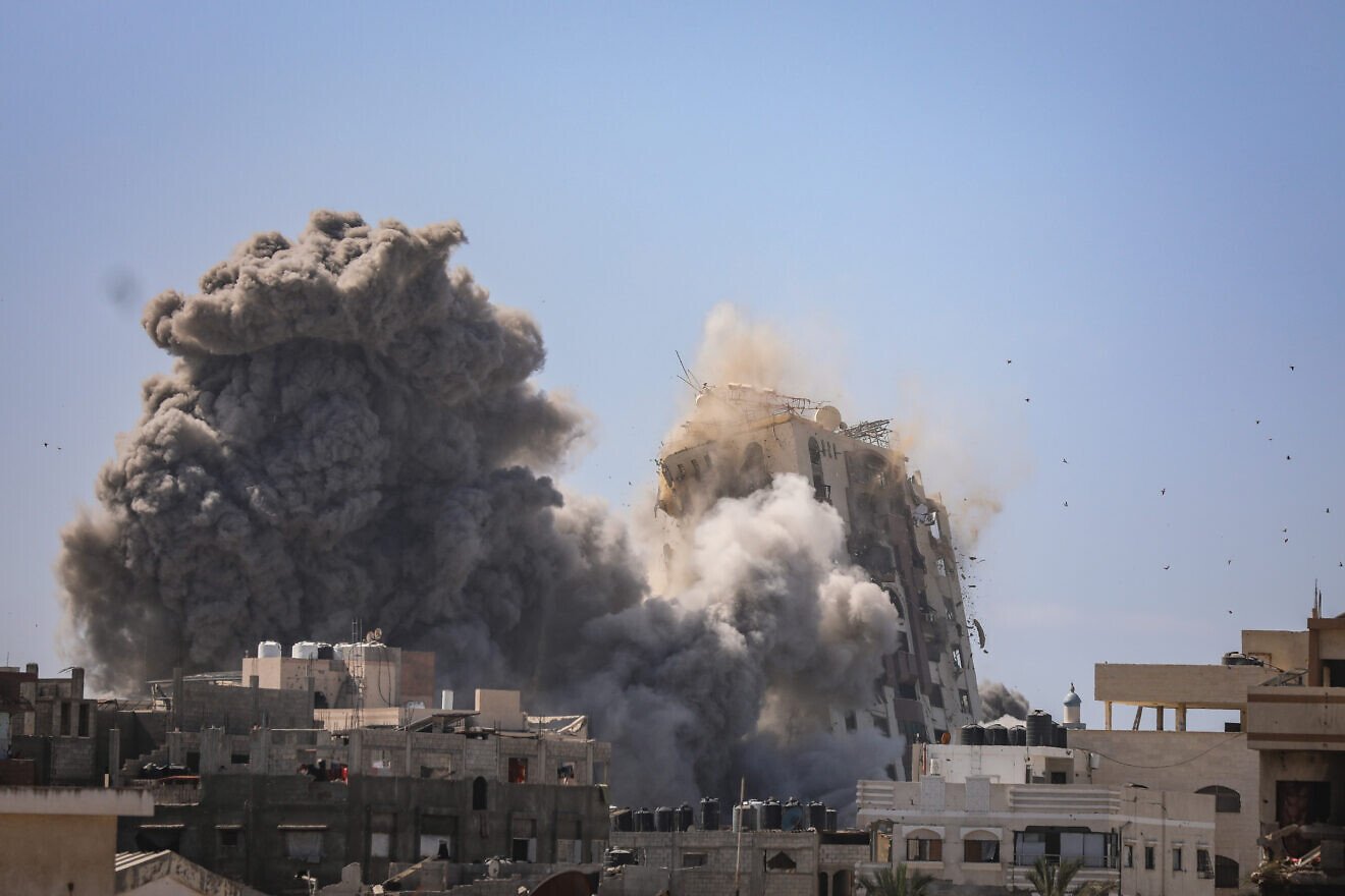 Smoke rises from the Hamas-controlled Al-Ghafri Tower in Gaza City after it was hit by an Israeli airstrike, Sept. 15, 2025. Photo by Omar Mohammed/Flash90. Smoke rises from the Hamas-controlled Al-Ghafri Tower in Gaza City after it was hit by an Israeli airstrike, Sept. 15, 2025. Photo by Omar Mohammed/Flash90.