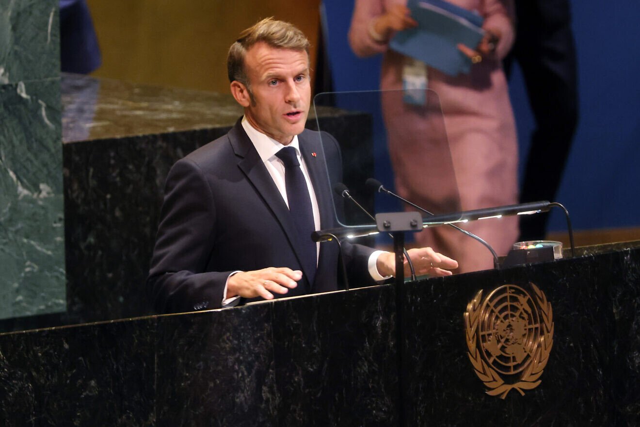 French President Emmanuel Macron speaks at a United Nations General Assembly meeting in support of a two-state solution on September 22, 2025. Photo by Spencer Platt/Getty Images.