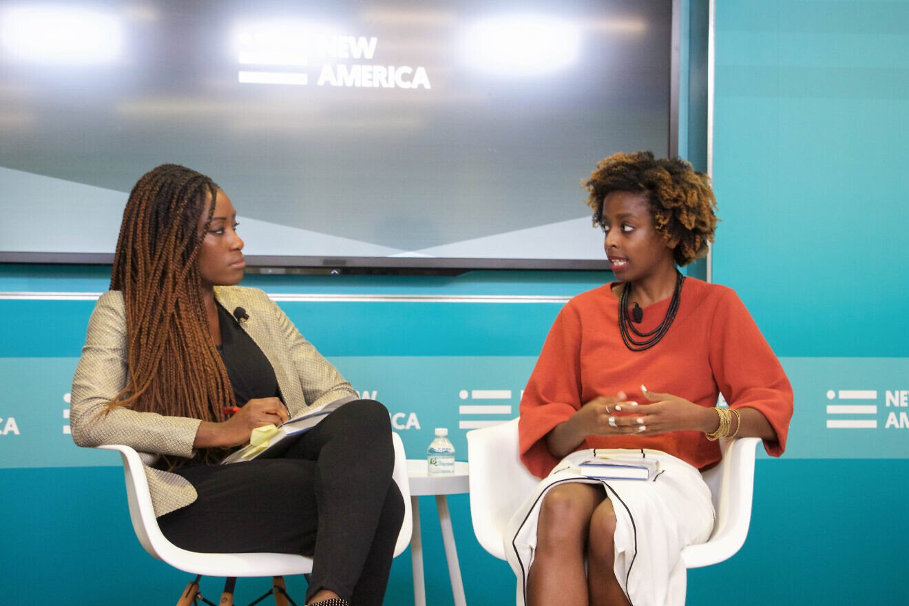 Karen Attiah, global opinions editor for “The Washington Post” (left) with Alexis Okeowo, staff writer for “The New Yorker,” a New America fellow and author of “A Moonless, Starless Sky: Ordinary Women and Men Fighting Extremism in Africa,” Oct. 11, 2017. Credit: New America via Wikimedia Commons.