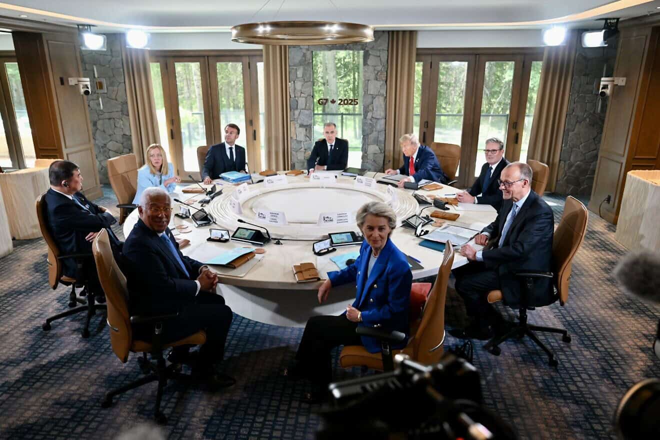 A meeting of the G7 leaders in Canada: (from center, counter-clockwise) Ursula Von der Leyen, president of the European Commission; Friedrich Merz (Germany); Keir Starmer (United Kingdom); Donald Trump (United States); Mark Carney (Canada); Emmanuel Macron (France); Giorgia Meloni (Italy); Shigeru Ishiba (Japan); and António Costa, president of the European Council, on June 16, 2025. Credit: European Communities Audiovisual Service via Wikimedia Commons.