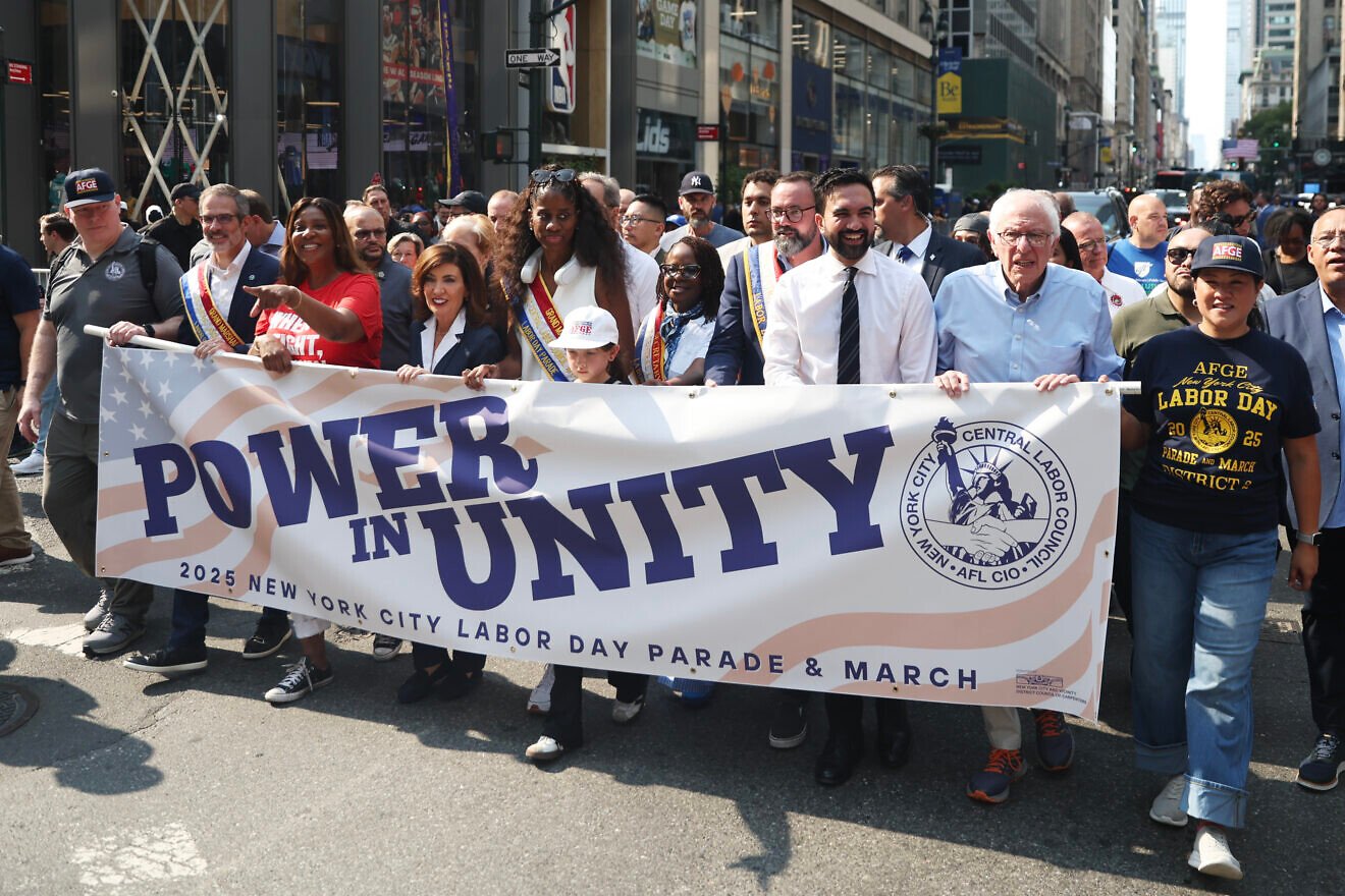 Politicians, including Sen. Bernie Sanders (I-Vt.), New York mayoral candidate Zohran Mamdani, New York Gov. Kathy Hochul and New York State Attorney General Letitia James at the 2025 New York City Labor Day Parade in Manhattan on Sept. 6, 2025. Photo by Heather Khalifa/Getty Images.