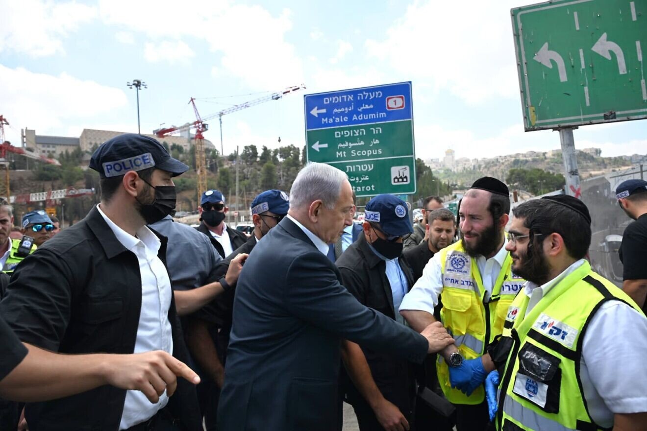 Israeli Prime Minister Benjamin Netanyahu at the site of a terrorist shooting attack in northern Jerusalem, Sept. 8, 2025. Photo by Haim Zach/GPO.