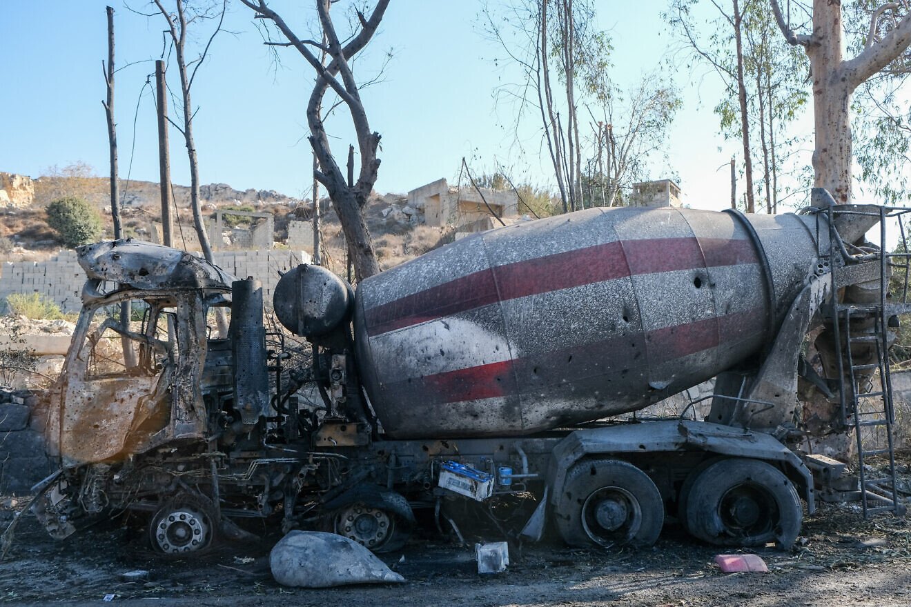 A view of a damaged vehicle near a cement factory following overnight Israeli airstrikes in Ansar, Southern Lebanon, on Oct. 17, 2025. Photo by Courtney Bonneau / Middle East Images / AFP via Getty Images.