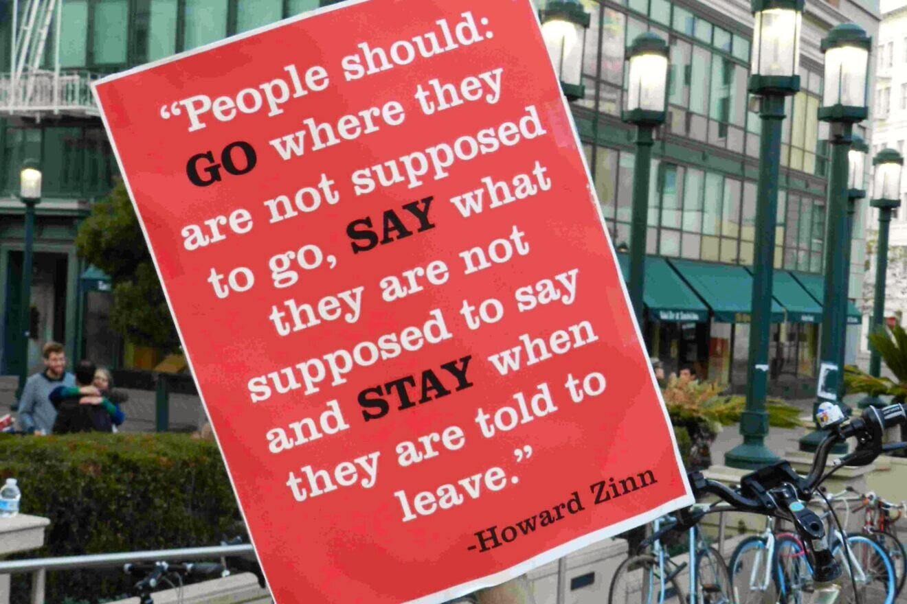 “Occupy Oakland,” Howard Zinn quote, Nov. 12, 2011. Credit: Mercurywoodrose via Wikimedia Commons.