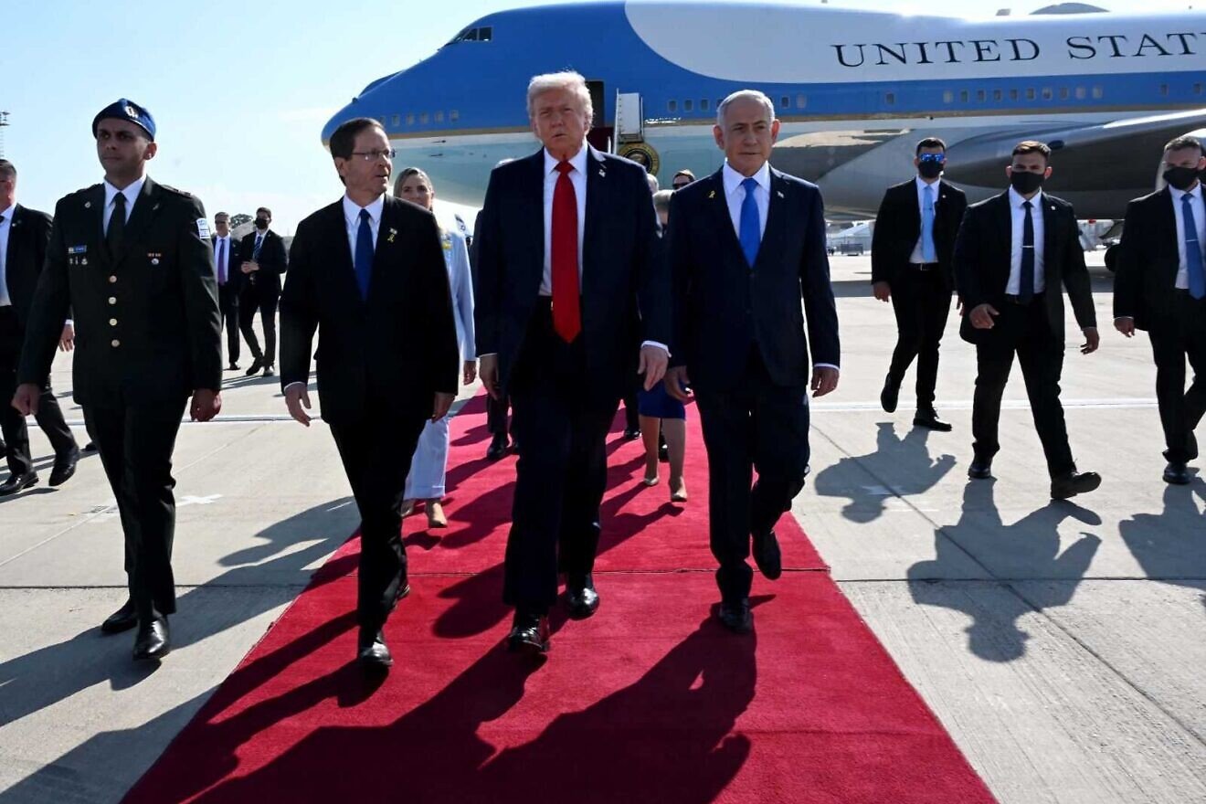 U.S. President Donald Trump is welcomed at Tel Aviv's Ben-Gurion International Airport near Tel Aviv by Israeli President Isaac Herzog and Prime Minister Benjamin Netanyahu, Oct. 13, 2025. Photo by Avi Ohayon/GPO. U.S. President Donald Trump is welcomed at Tel Aviv's Ben-Gurion International Airport near Tel Aviv by Israeli President Isaac Herzog and Prime Minister Benjamin Netanyahu, Oct. 13, 2025. Photo by Avi Ohayon/GPO.