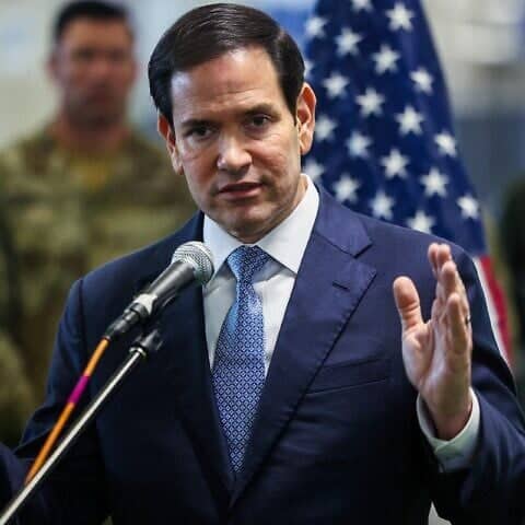 U.S. Secretary of State Marco Rubio holds a press conference at the Civil-Military Coordination Center in Kiryat Gat, Oct. 24, 2025. Photo by Fadel Senna/AP/POOL.