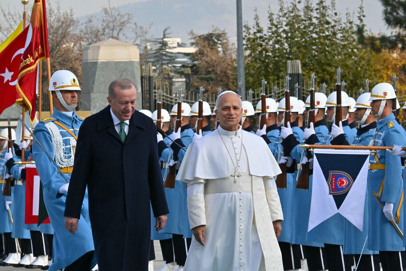 Pope Leo XIV is welcomed by Turkey's President Recep Tayyip Erdoğan at the Presidential Palace in Ankara, on Nov. 27, 2025. Photo by Andreas Solaro/AFP via Getty Images.