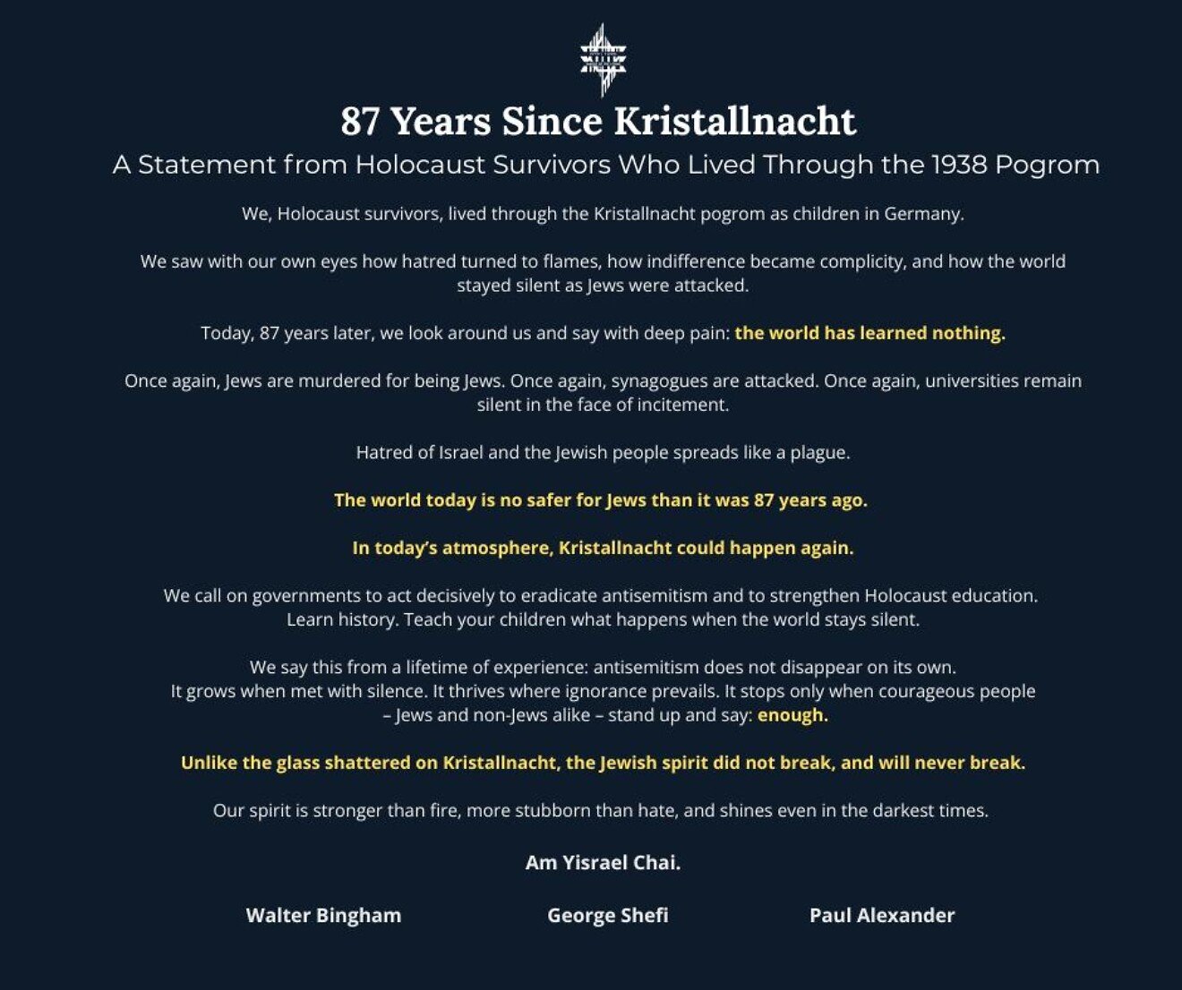 Kristallnacht survivors: World is once again dangerous for Jews