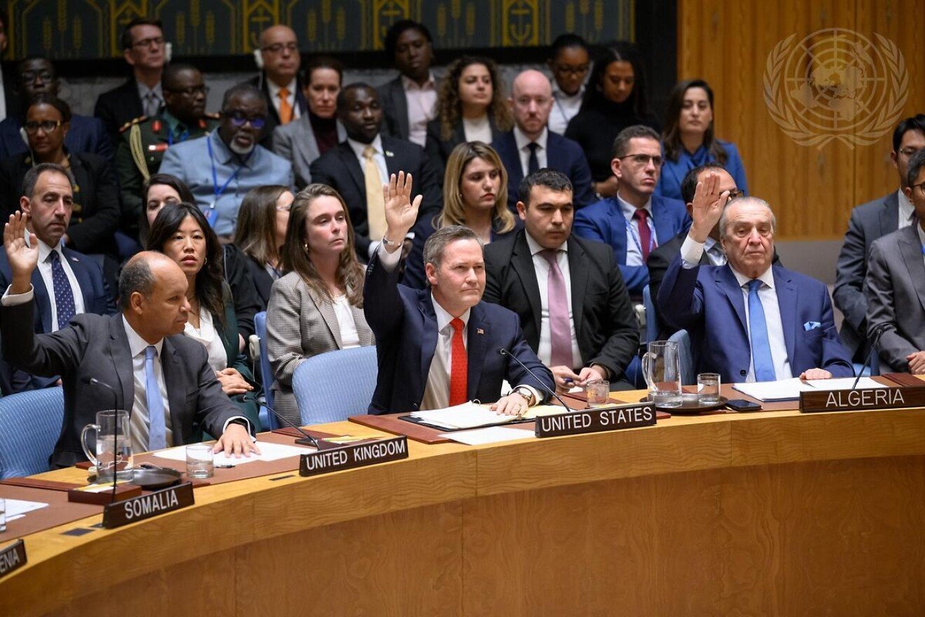 The United Nations Security Council votes 13-0, with two abstentions, to adopt resolution 2803 (2025), supporting Washington's plan for Gaza's future, Nov. 17, 2025. Credit: Loey Felipe/U.N. Photo.