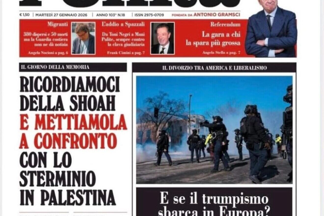 An article on the front page of the Italian newspaper, "l’Unità," implied that Israel’s war in Gaza is morally comparable to the Shoah, Jan. 27, 2026. Credit: Screenshot. An article on the front page of the Italian newspaper, "l’Unità," implied that Israel’s war in Gaza is morally comparable to the Shoah, Jan. 27, 2026. Credit: Screenshot.