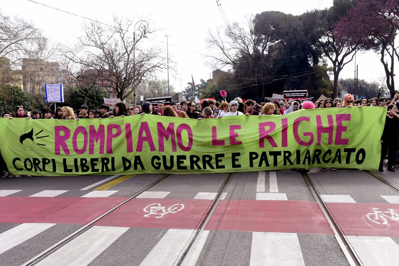Women from the "Non Una Di Meno" feminist movement demonstrate in Rome, Italy, on March 9, 2026. Photo by Simona Granati-Corbis/Corbis via Getty Images.
