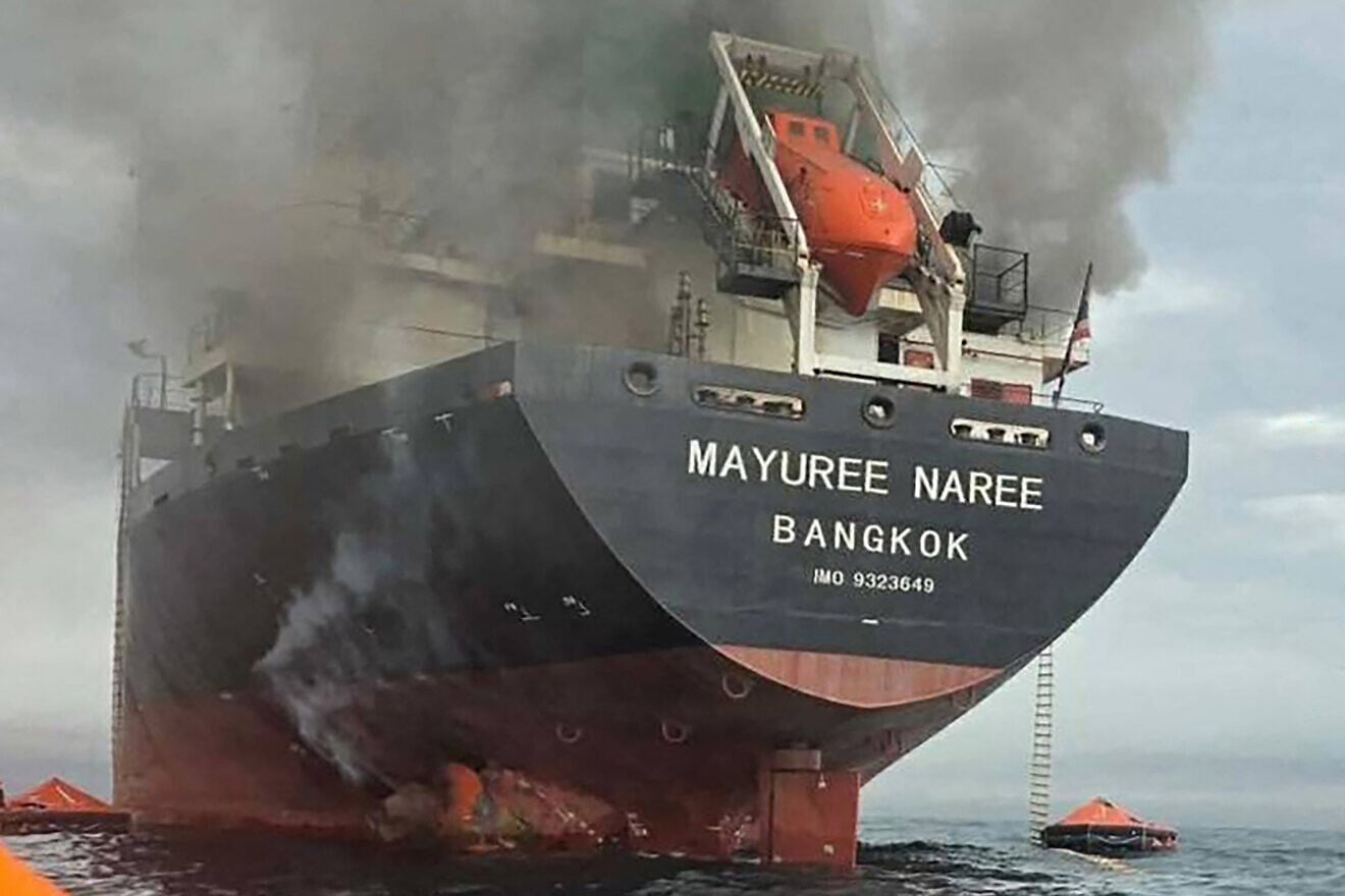 Thai bulk carrier Mayuree Naree is seen after it was attacked in the Strait of Hormuz on March 11, 2026. Source: Handout/Royal Thai Navy/AFP via Getty Images.